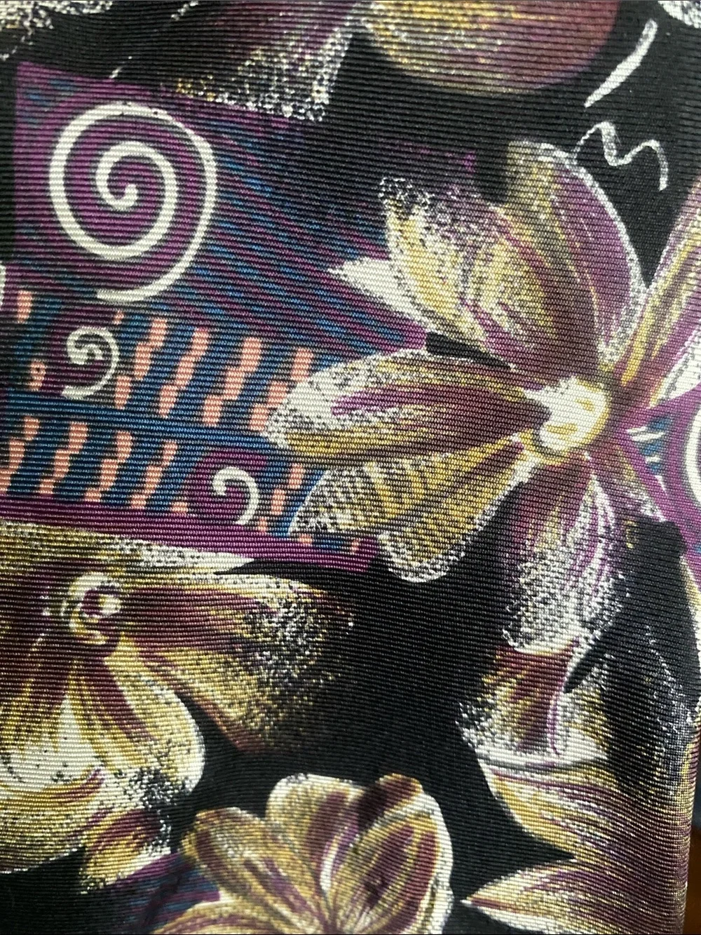 Oscar de la Renta 100% silk Black Tie with Gold and Purple Floral Motif